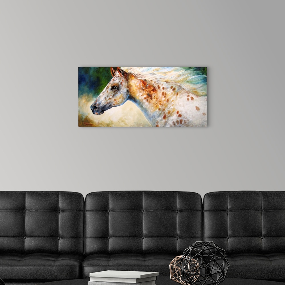 A modern room featuring Contemporary painting of an Appaloosa  horse with white and brown markings on a colorful backgrou...