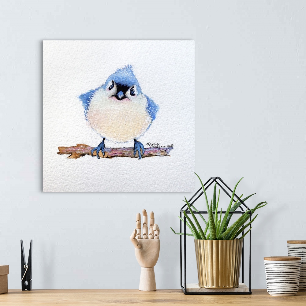 A bohemian room featuring Square watercolor painting of a baby bluebird with a little bit of attitude.