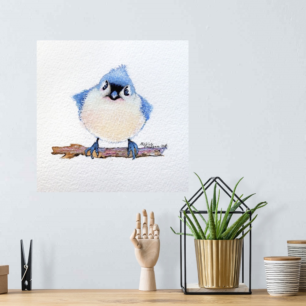 A bohemian room featuring Square watercolor painting of a baby bluebird with a little bit of attitude.