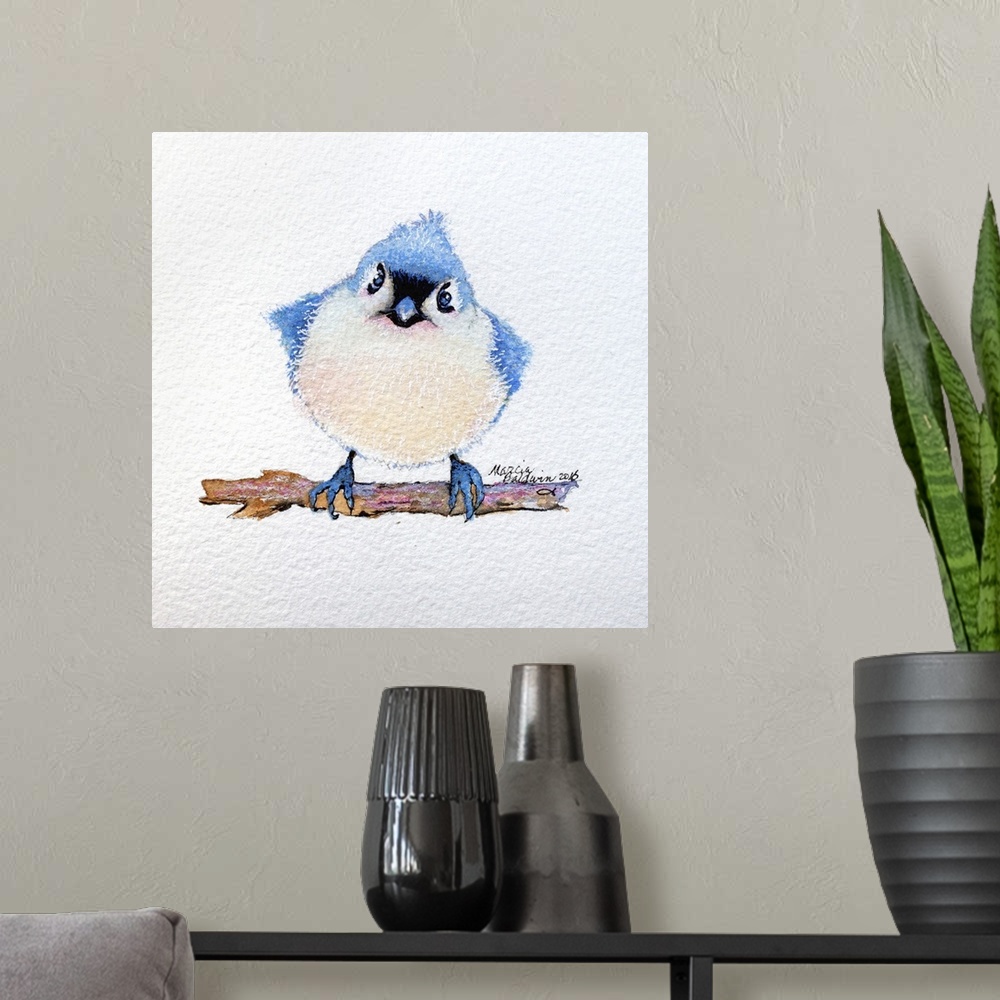 A modern room featuring Square watercolor painting of a baby bluebird with a little bit of attitude.