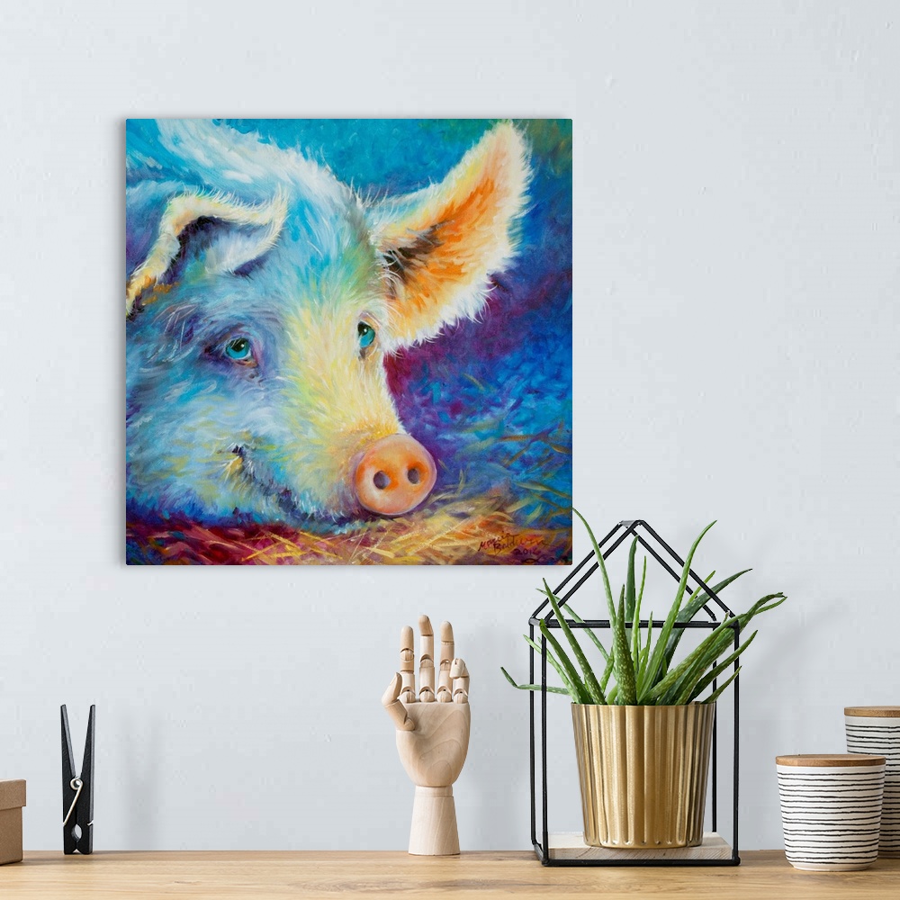 A bohemian room featuring Square painting of a cute pig with both cool and warm tones, laying down on straw.