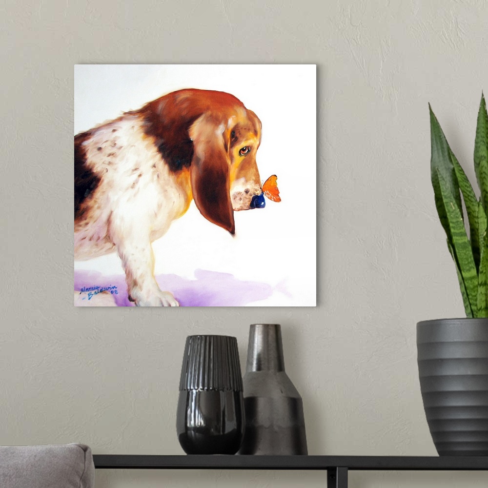 A modern room featuring Square painting of a basset hound with an orange butterfly on its nose.