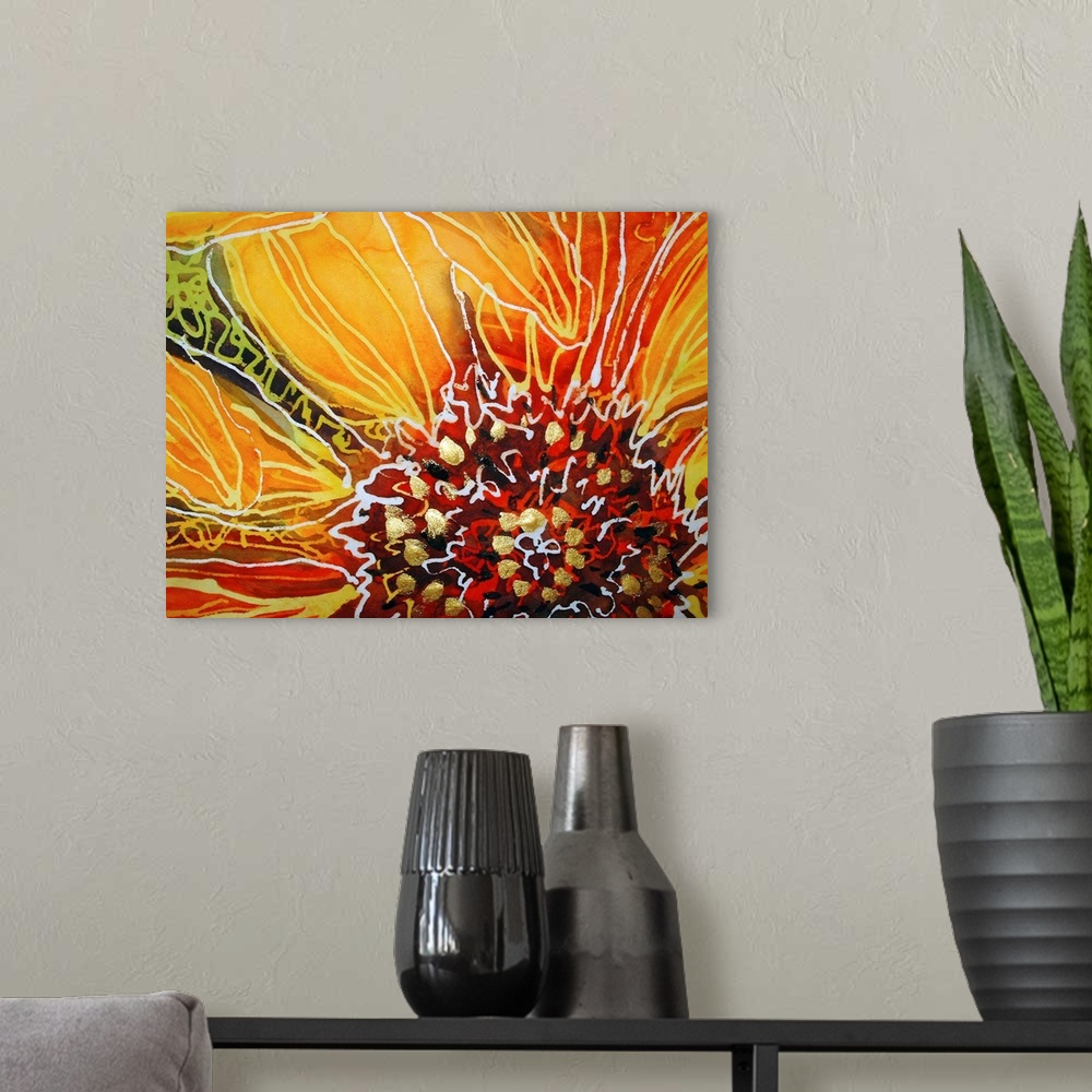 A modern room featuring Abstract painting of a sunflower close-up created with warm hues, metallic gold dots, and a batik...