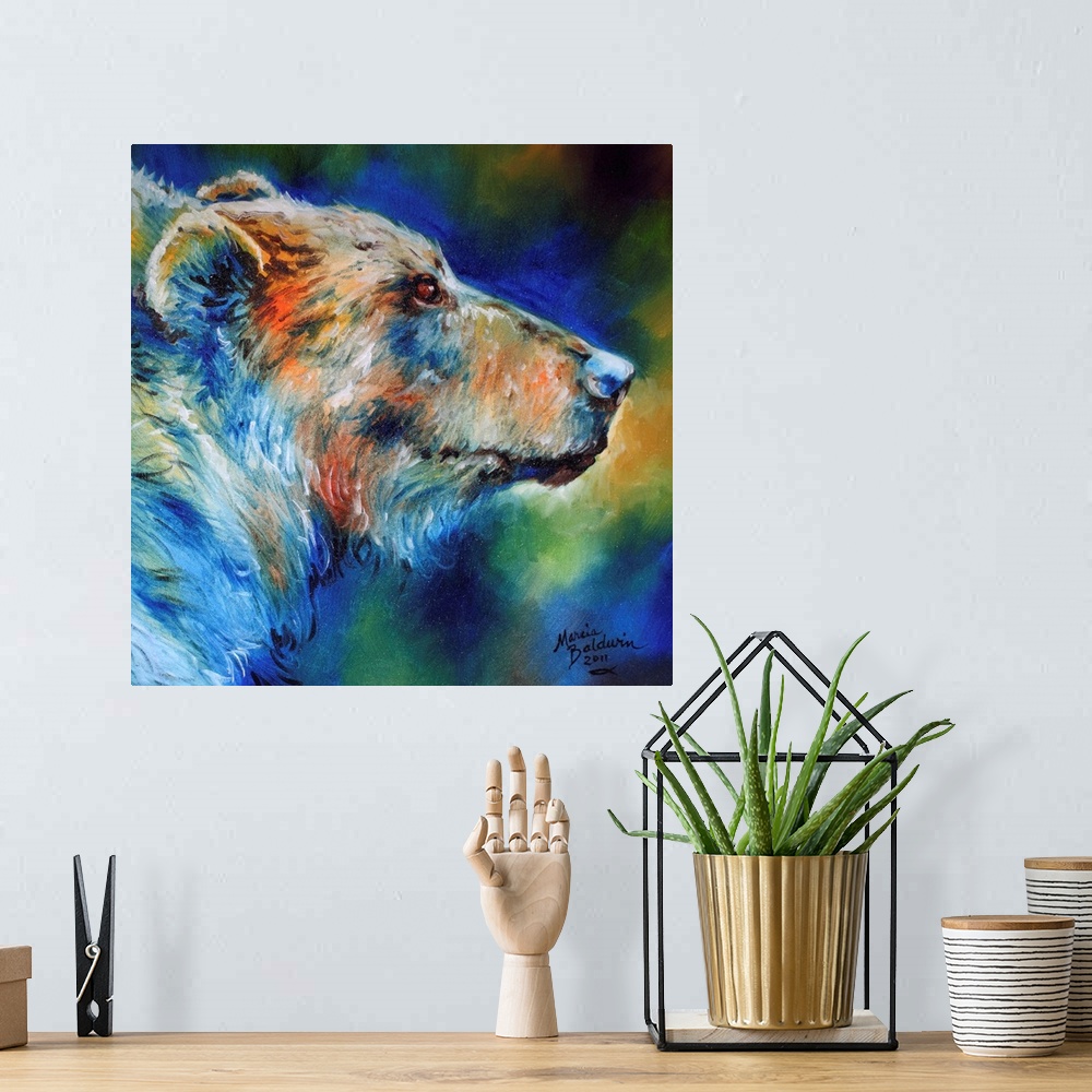 A bohemian room featuring Contemporary painting of a grizzly bear made with blue, orange, yellow, brown, and green hues on ...