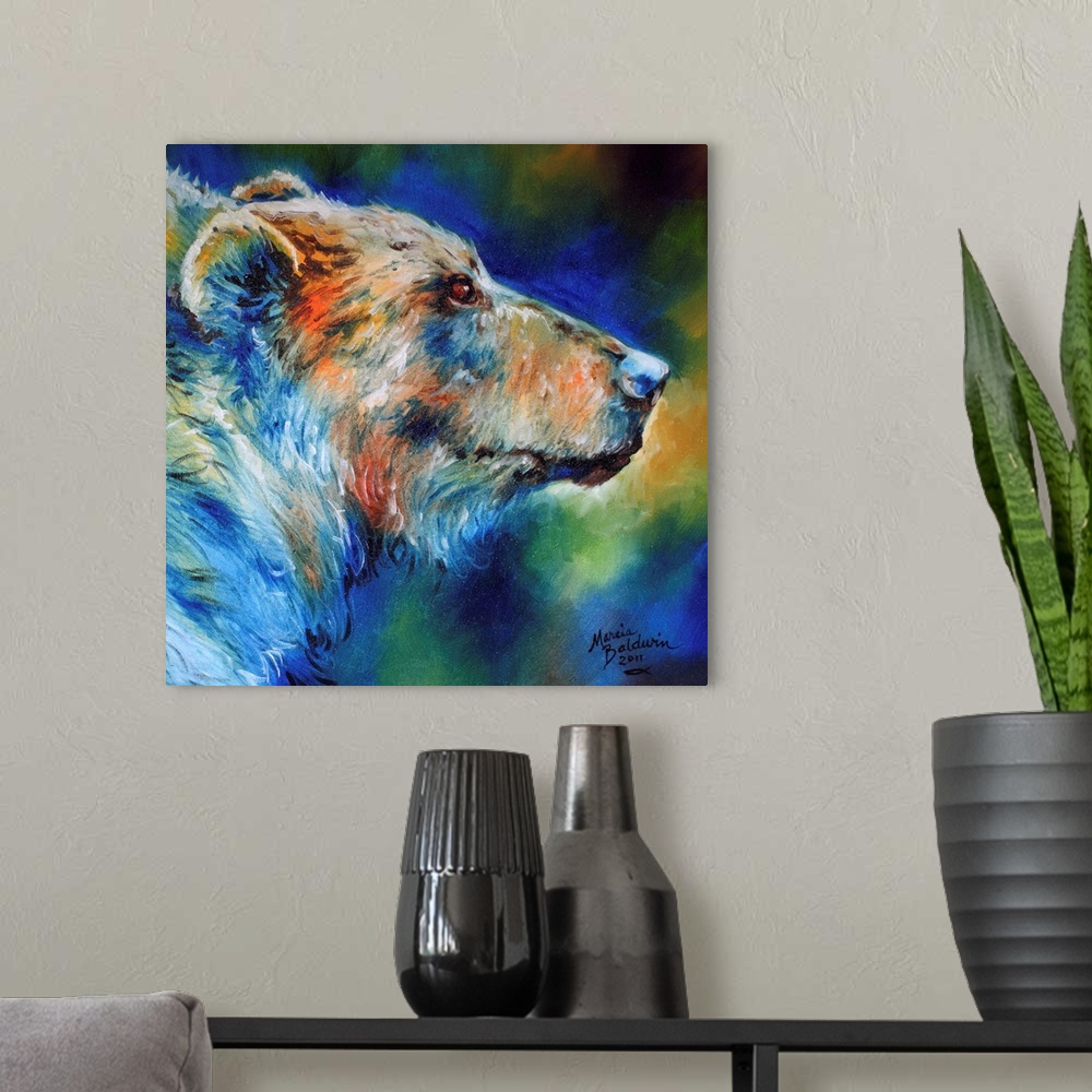 A modern room featuring Contemporary painting of a grizzly bear made with blue, orange, yellow, brown, and green hues on ...