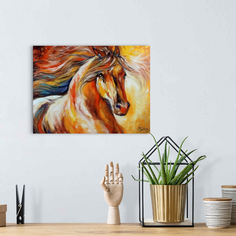 A bohemian room featuring Contemporary painting of a horse in action with a flowing mane.