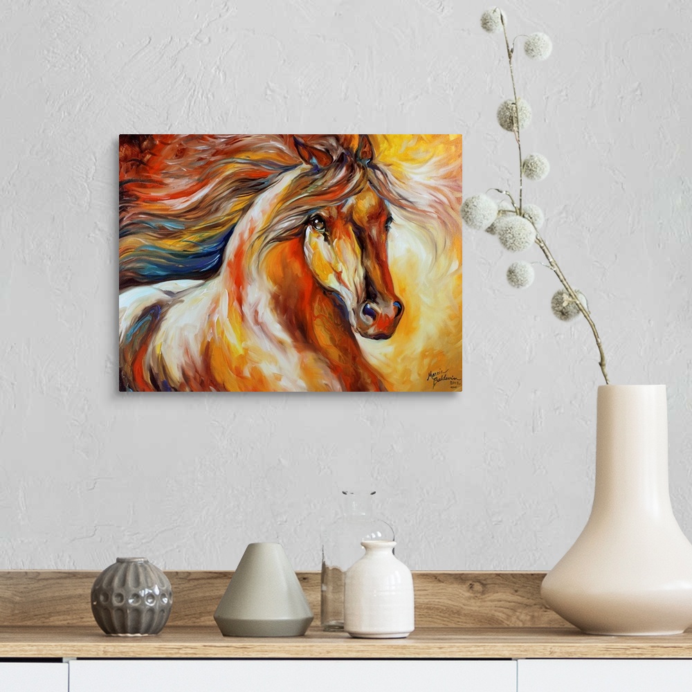 A farmhouse room featuring Contemporary painting of a horse in action with a flowing mane.