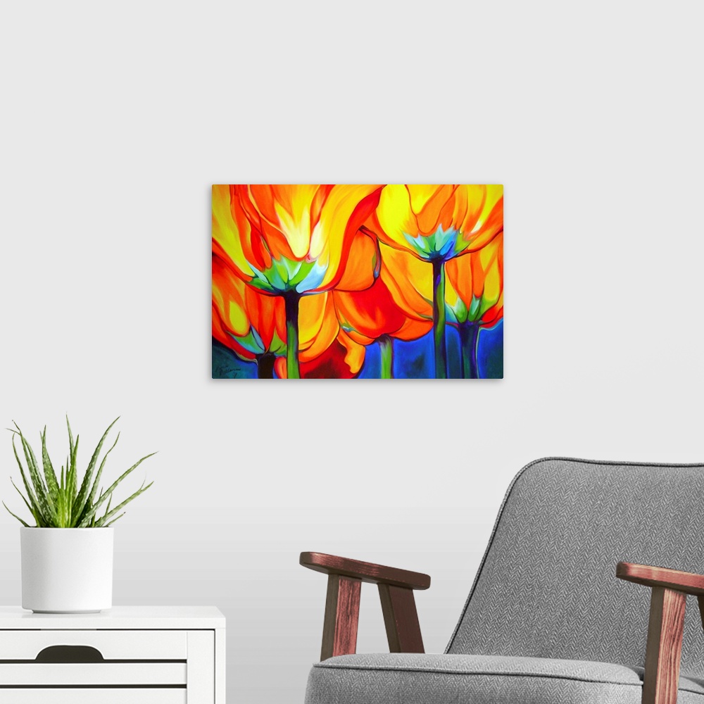 A modern room featuring Contemporary painting of vibrant yellow, red, and orange poppy flowers on blue background.