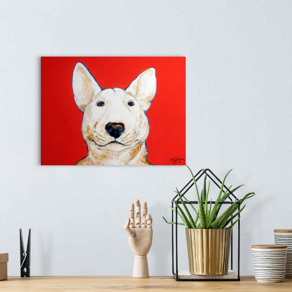 A bohemian room featuring Painting of a white bull terrier with a blue outline on a bright red background.