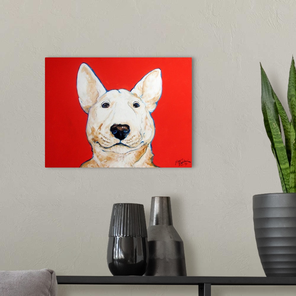 A modern room featuring Painting of a white bull terrier with a blue outline on a bright red background.