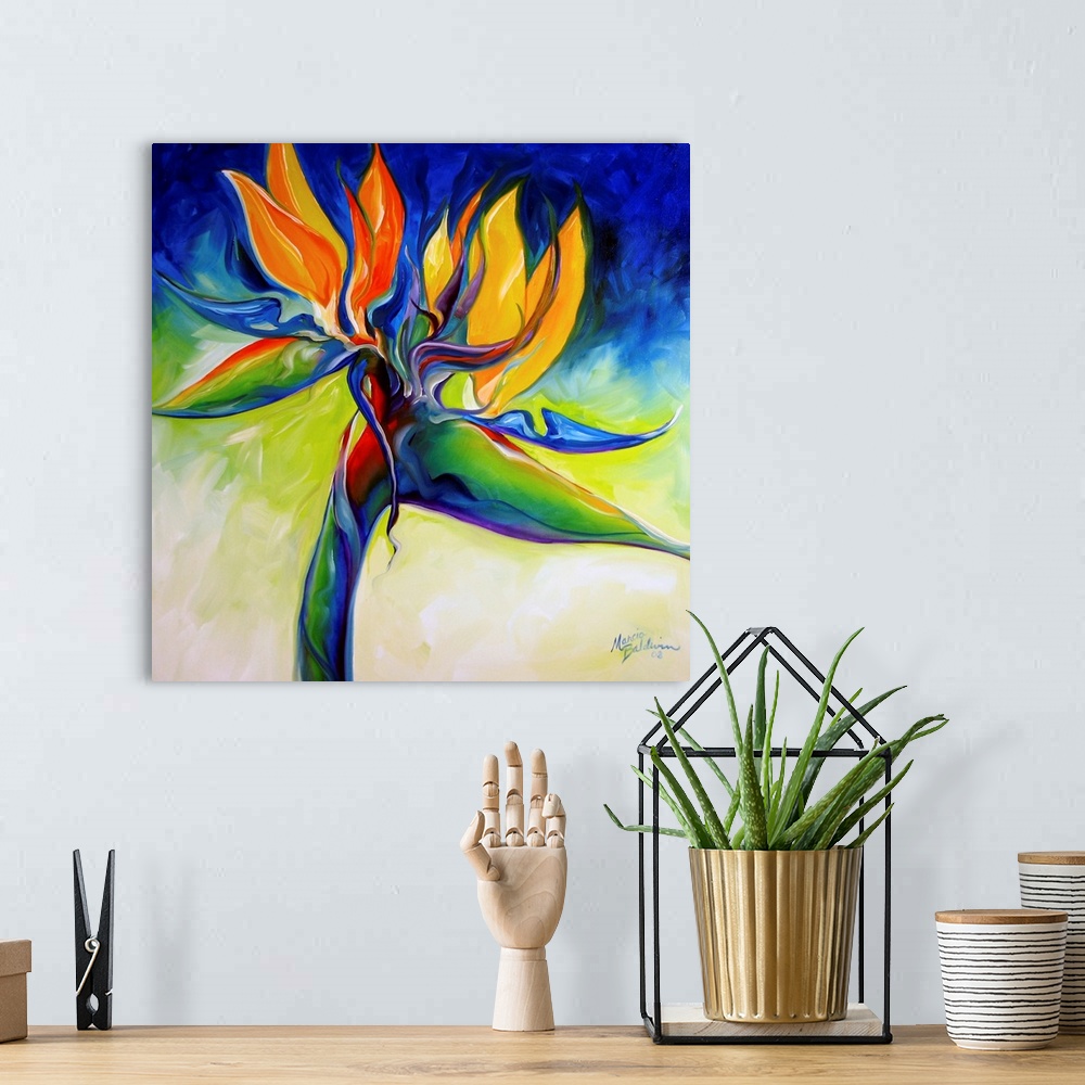 A bohemian room featuring Contemporary painting of a bird of paradise flower on a blue, green, yellow, and cream square bac...