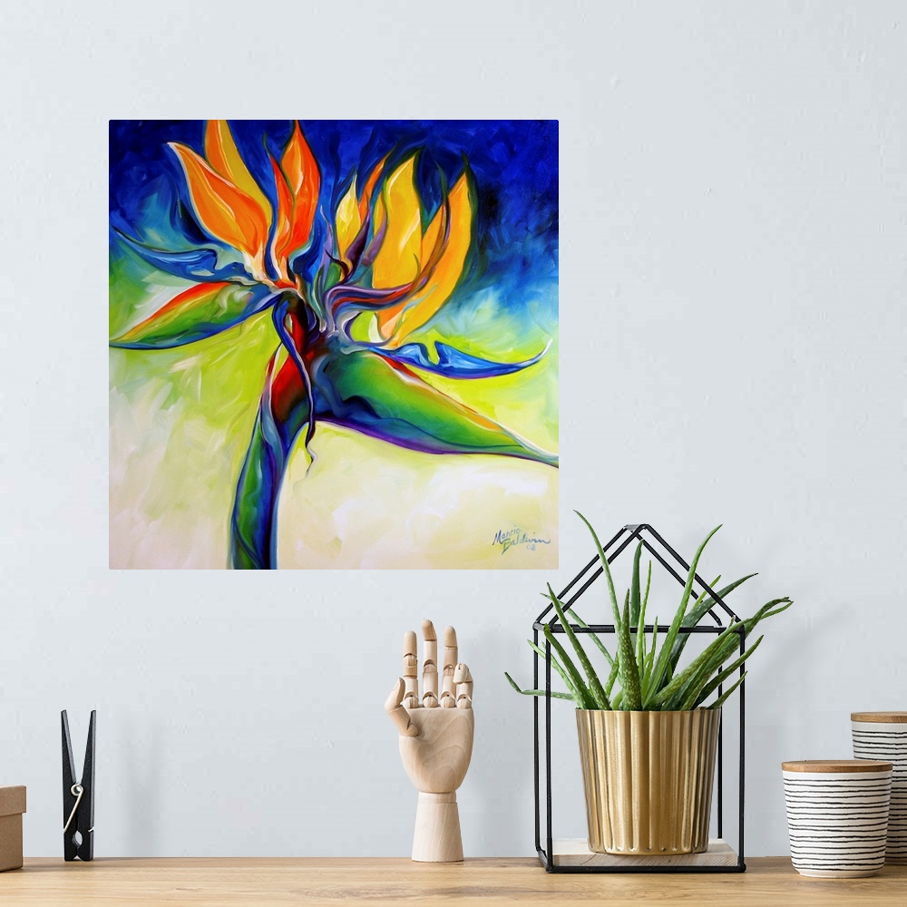 A bohemian room featuring Contemporary painting of a bird of paradise flower on a blue, green, yellow, and cream square bac...