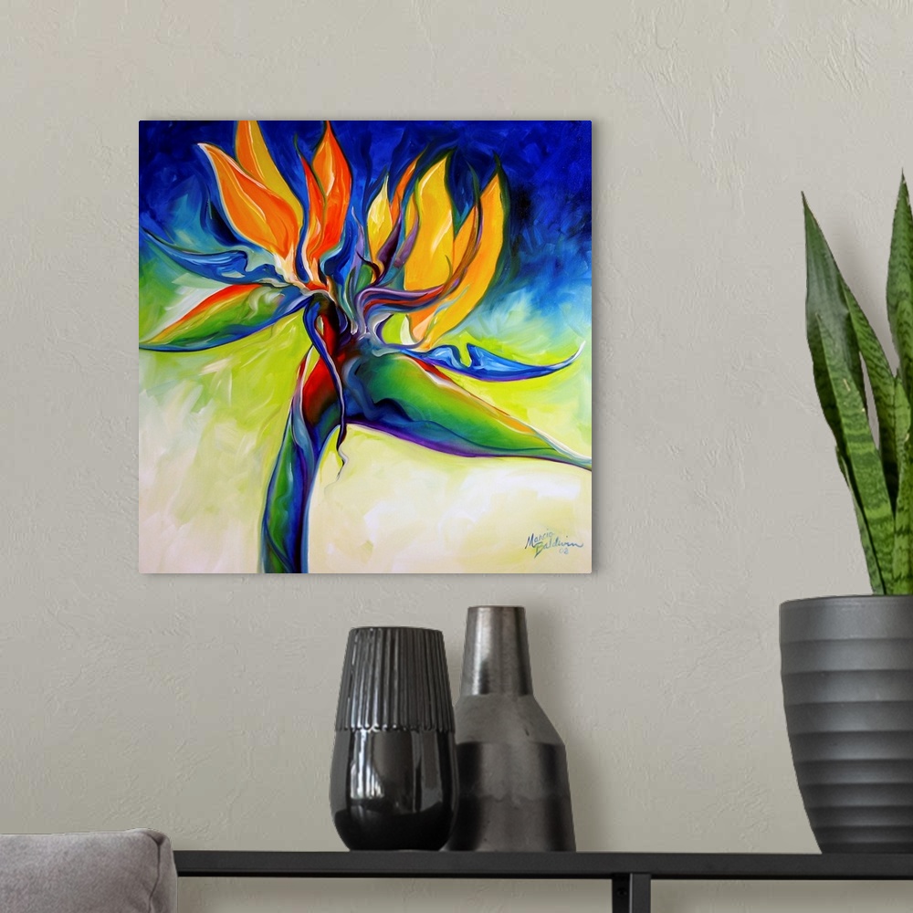A modern room featuring Contemporary painting of a bird of paradise flower on a blue, green, yellow, and cream square bac...