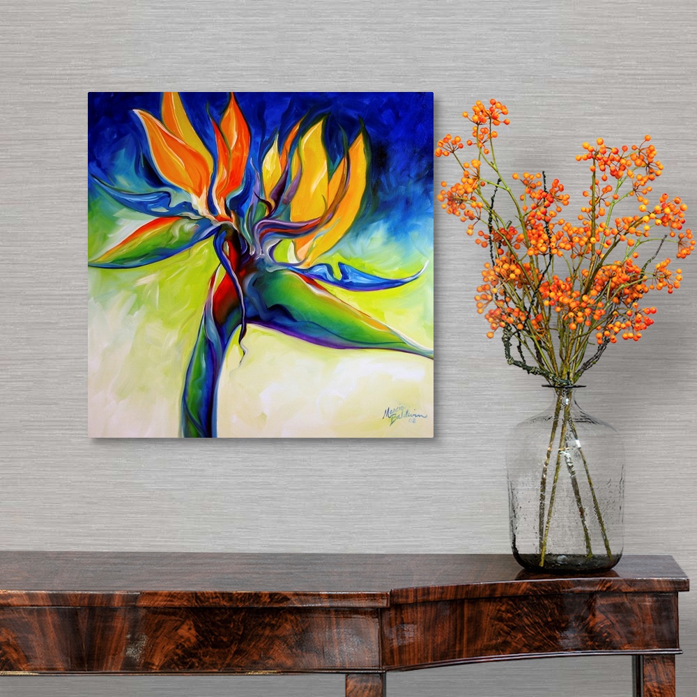 A traditional room featuring Contemporary painting of a bird of paradise flower on a blue, green, yellow, and cream square bac...
