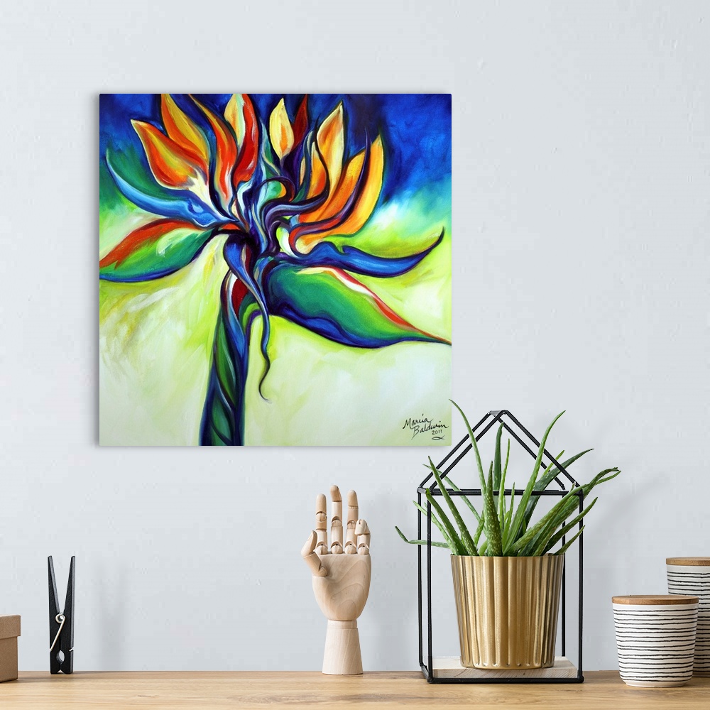 A bohemian room featuring A floral abstract of the tropical flower, Bird of Paradise.