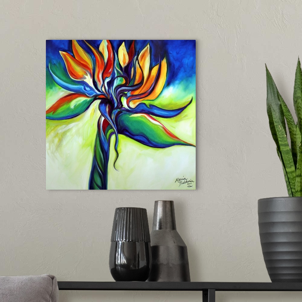 A modern room featuring A floral abstract of the tropical flower, Bird of Paradise.