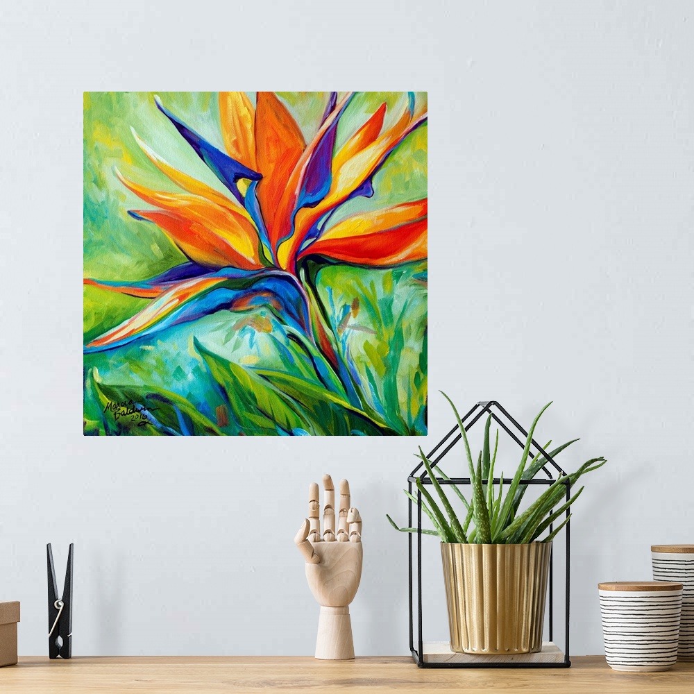 A bohemian room featuring A floral abstract original oil painting of the Bird of Paradise blossom on a square background.