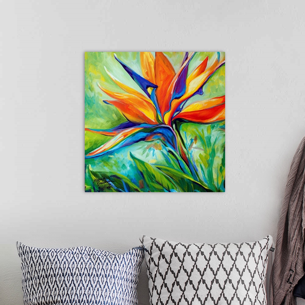 A bohemian room featuring A floral abstract original oil painting of the Bird of Paradise blossom on a square background.