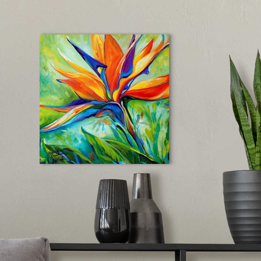 A modern room featuring A floral abstract original oil painting of the Bird of Paradise blossom on a square background.