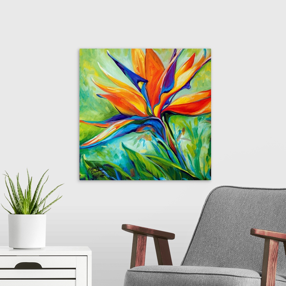 A modern room featuring A floral abstract original oil painting of the Bird of Paradise blossom on a square background.