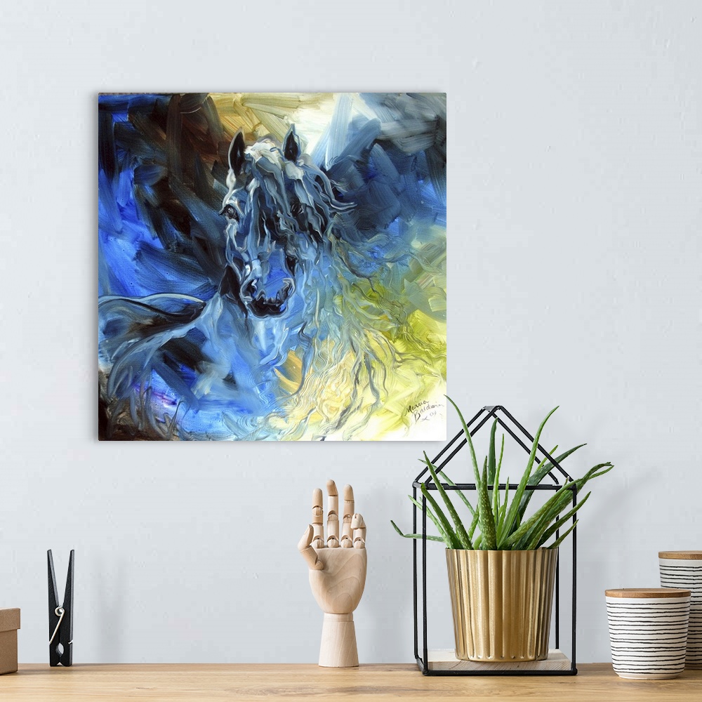 A bohemian room featuring Square abstract painting of a horse in golds and blues created with dynamic brush strokes.