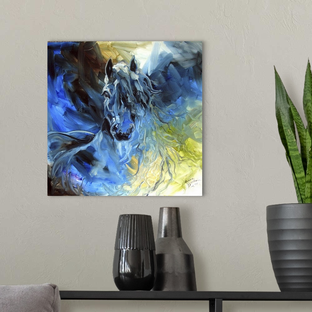 A modern room featuring Square abstract painting of a horse in golds and blues created with dynamic brush strokes.