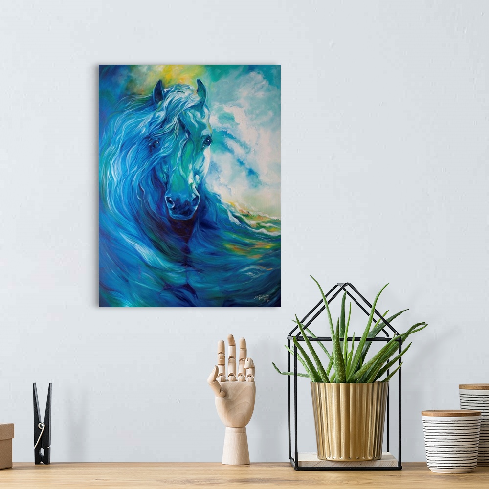 A bohemian room featuring Abstract equine painting in cool blue, yellow, and green tones.