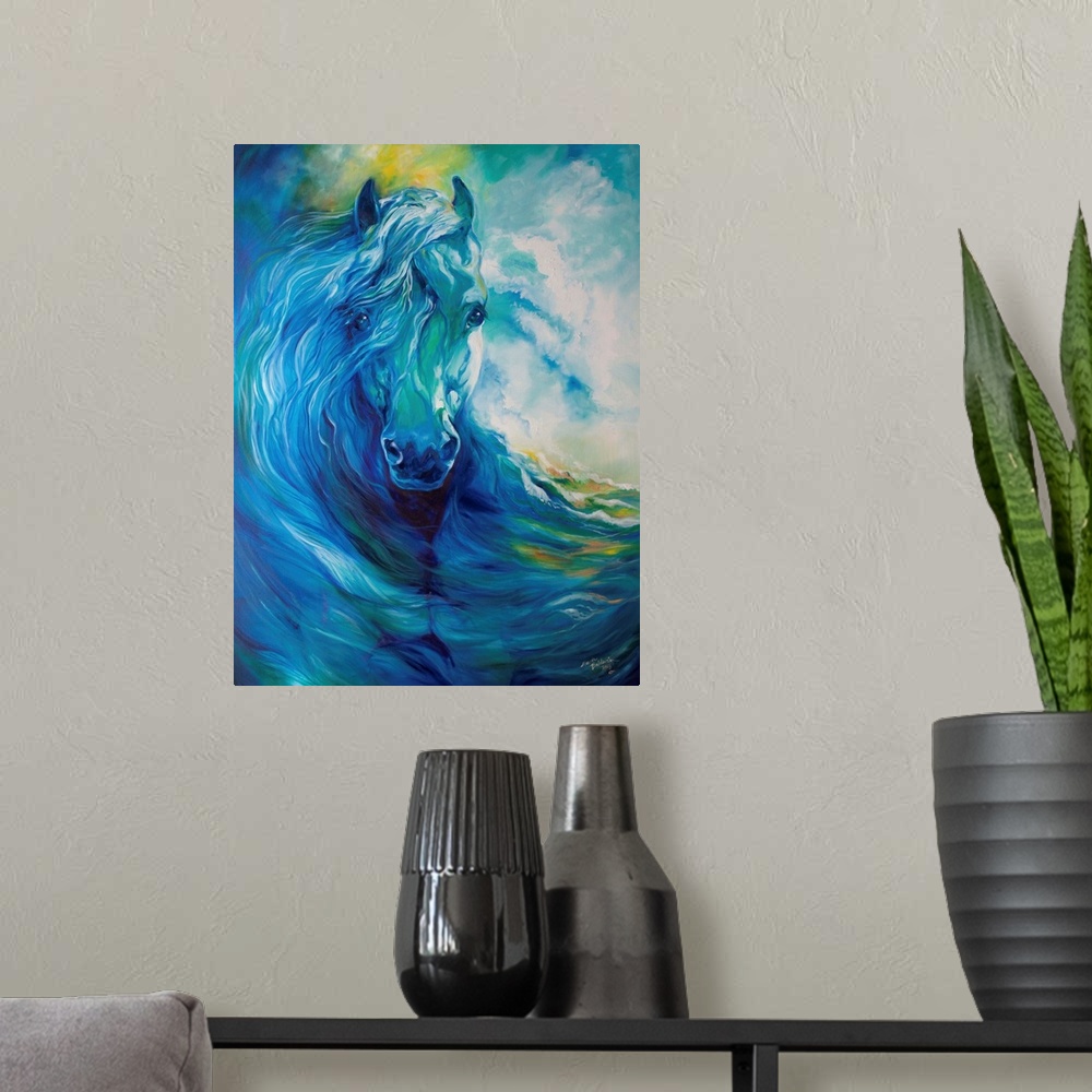 A modern room featuring Abstract equine painting in cool blue, yellow, and green tones.