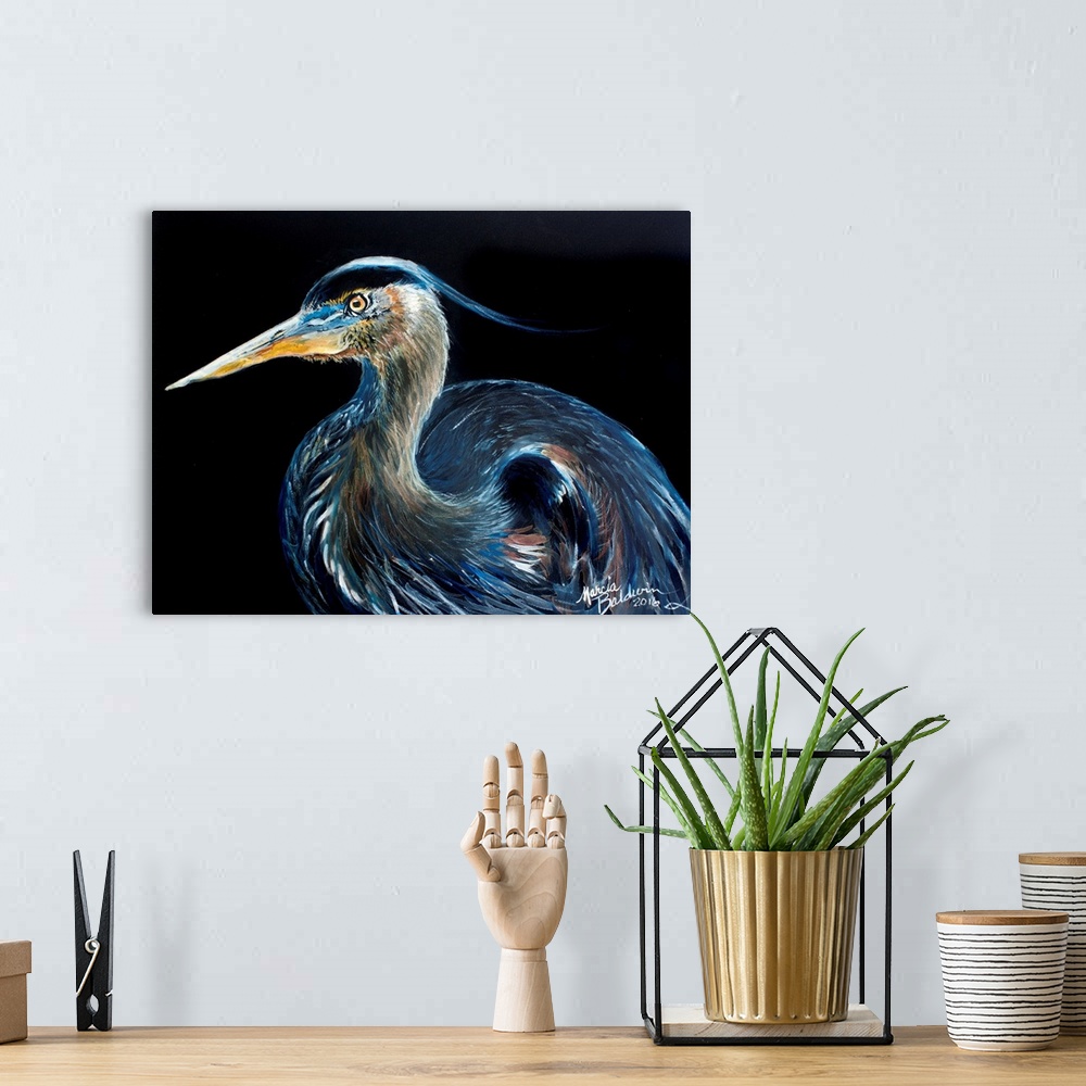 A bohemian room featuring Contemporary painting of a Blue Heron on a solid black background.