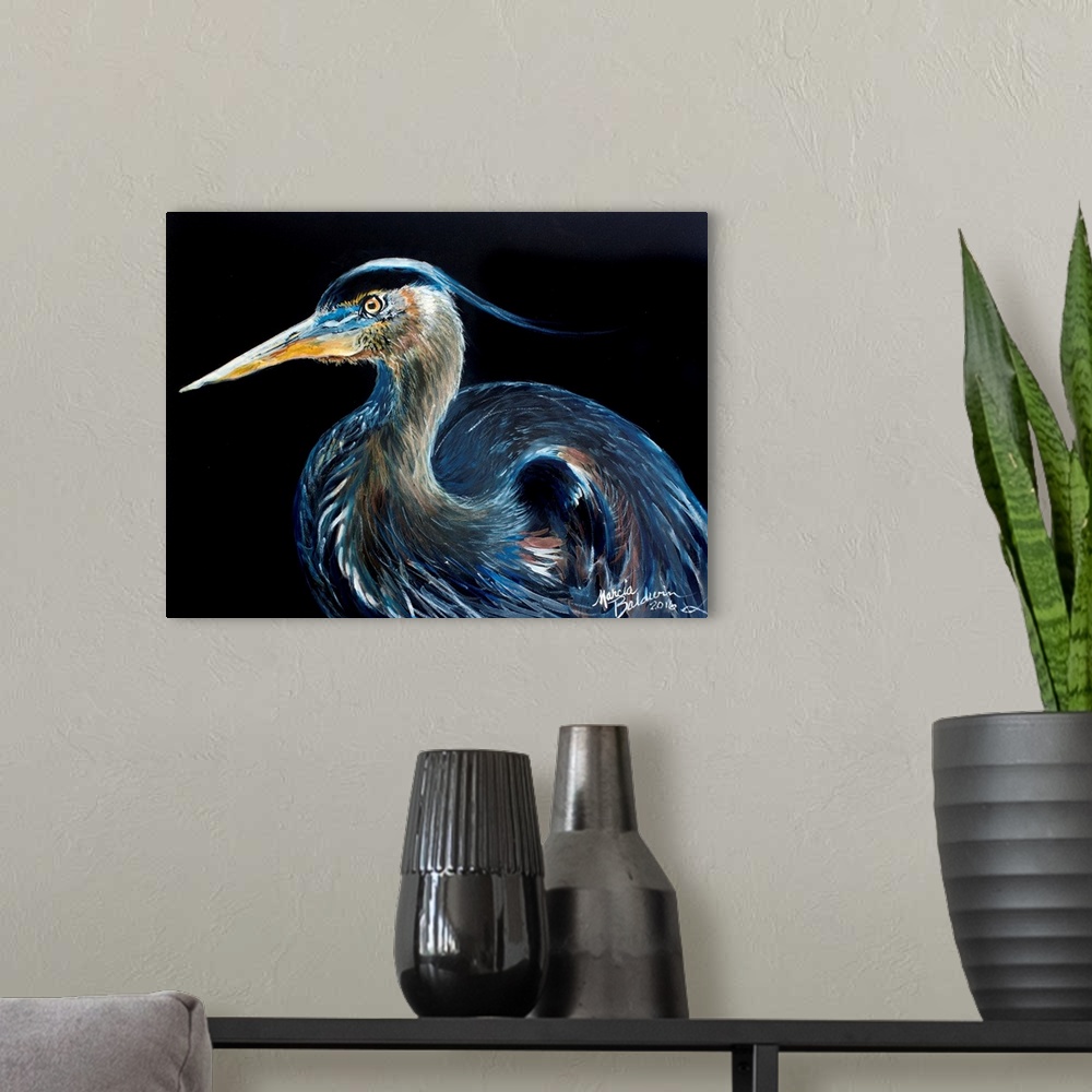 A modern room featuring Contemporary painting of a Blue Heron on a solid black background.