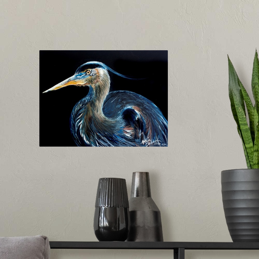 A modern room featuring Contemporary painting of a Blue Heron on a solid black background.