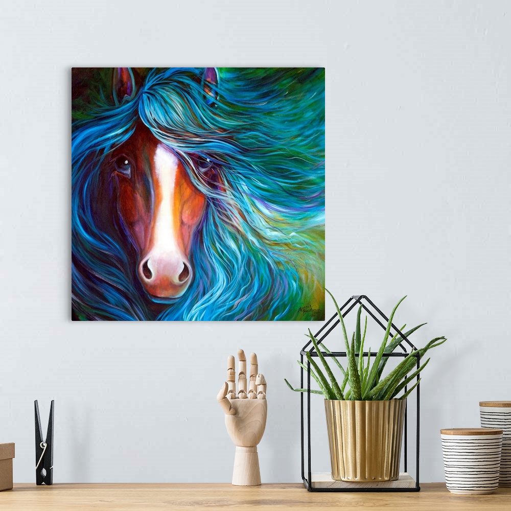A bohemian room featuring An equine abstract of a bay horse with white blaze and flowing mane in blue.