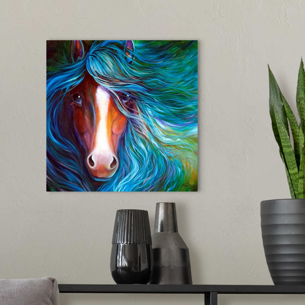 A modern room featuring An equine abstract of a bay horse with white blaze and flowing mane in blue.