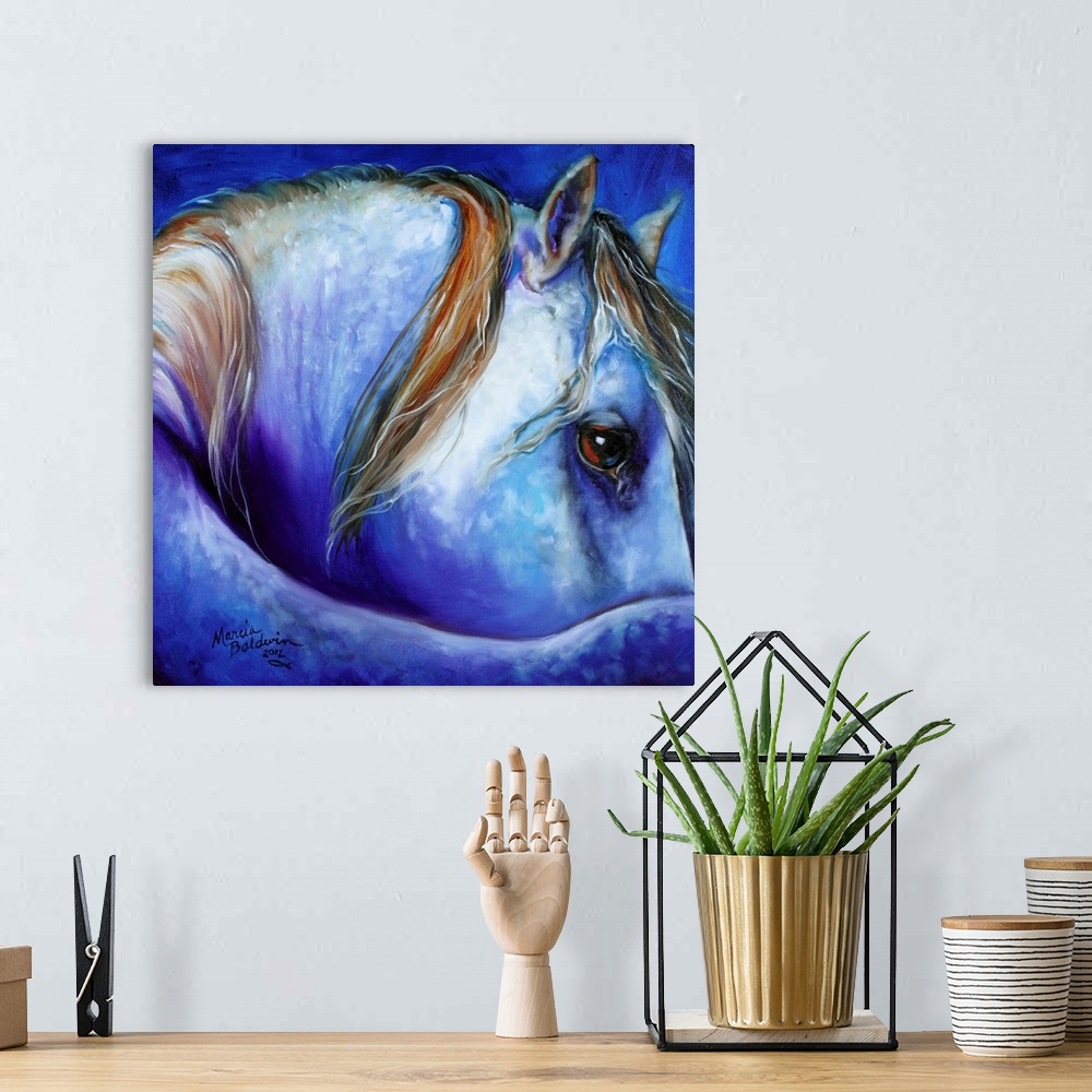 A bohemian room featuring Square painting of a curled horse in cool tones.