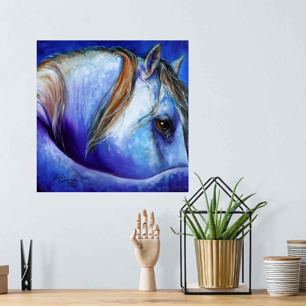 A bohemian room featuring Square painting of a curled horse in cool tones.