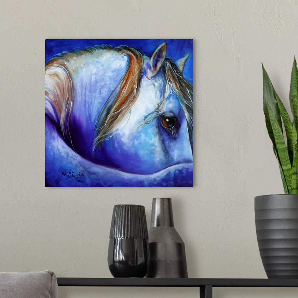 A modern room featuring Square painting of a curled horse in cool tones.