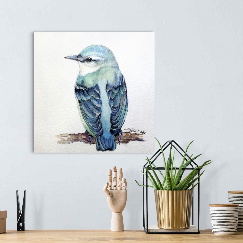 A bohemian room featuring Square watercolor painting of a Nuthatch in shades of blue.