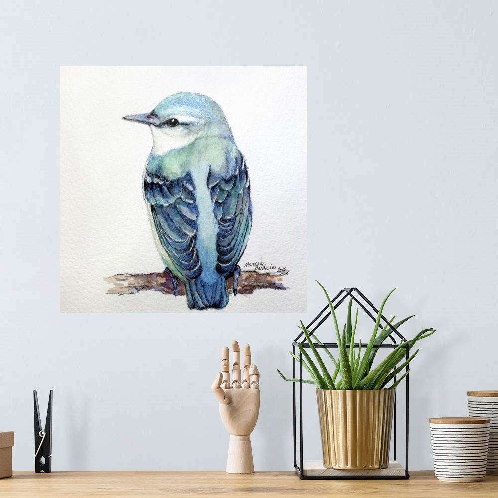 A bohemian room featuring Square watercolor painting of a Nuthatch in shades of blue.