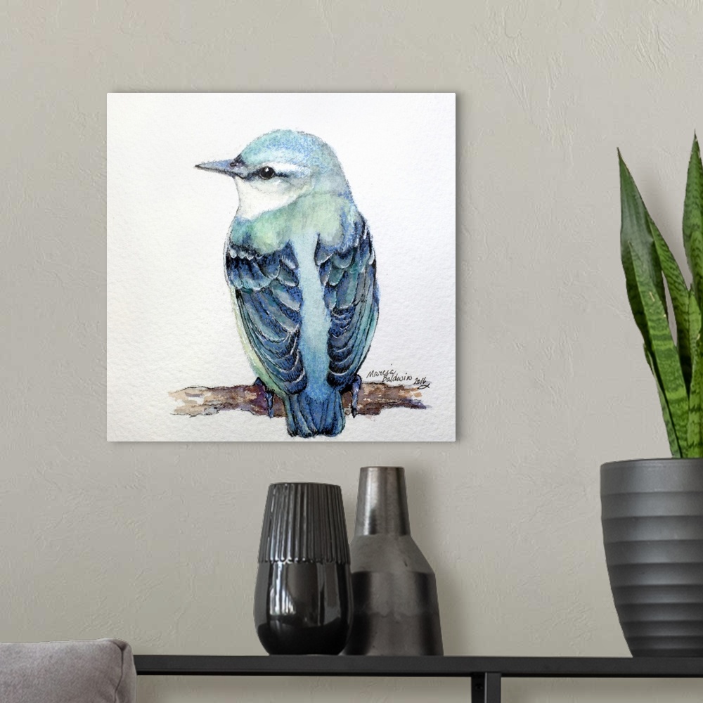 A modern room featuring Square watercolor painting of a Nuthatch in shades of blue.