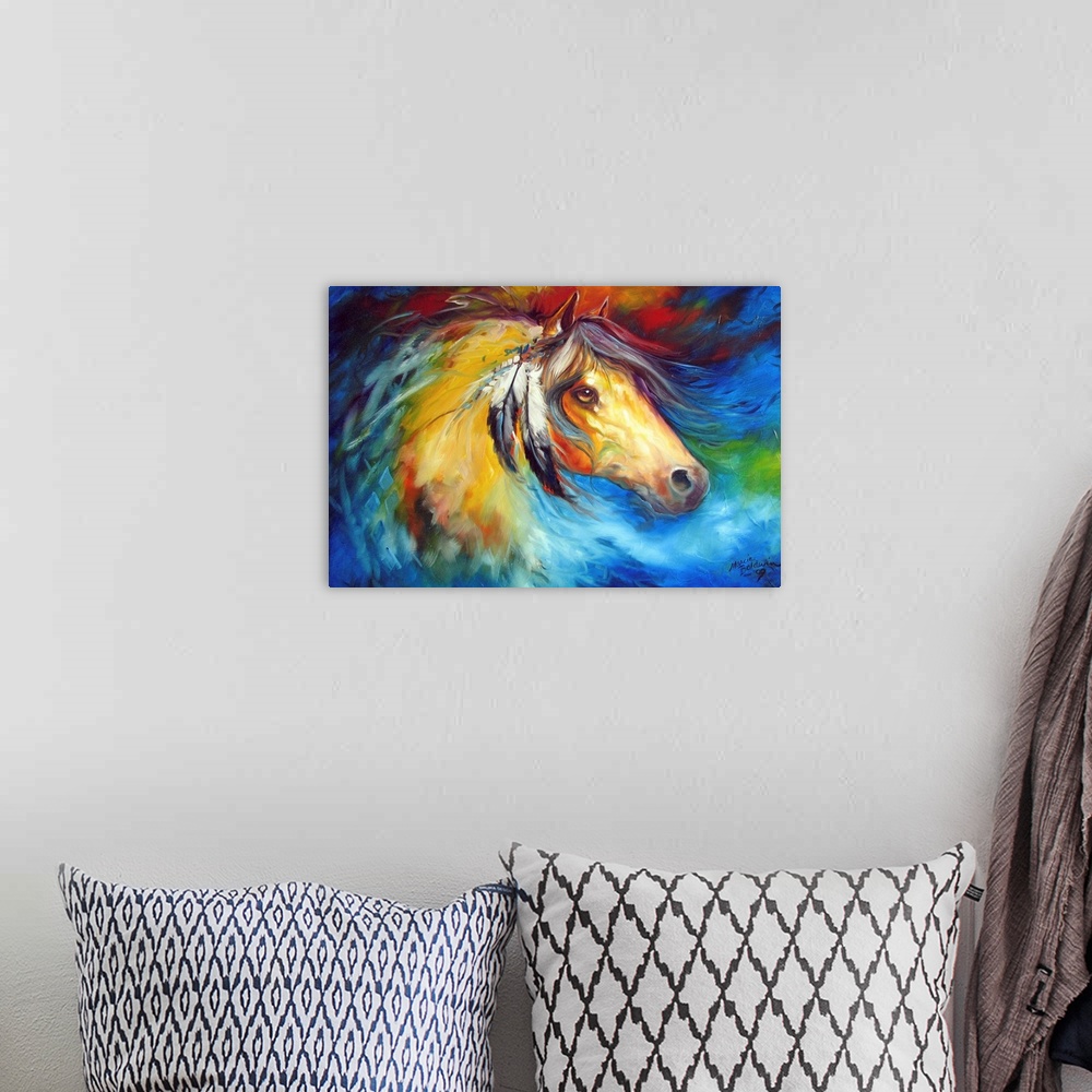 A bohemian room featuring Abstract painting of an Indian War Pony with feathers attached to its mane on a colorful background.