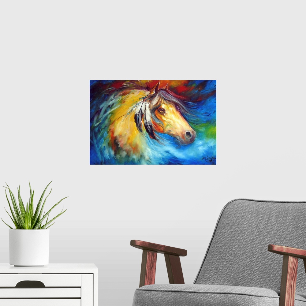 A modern room featuring Abstract painting of an Indian War Pony with feathers attached to its mane on a colorful background.