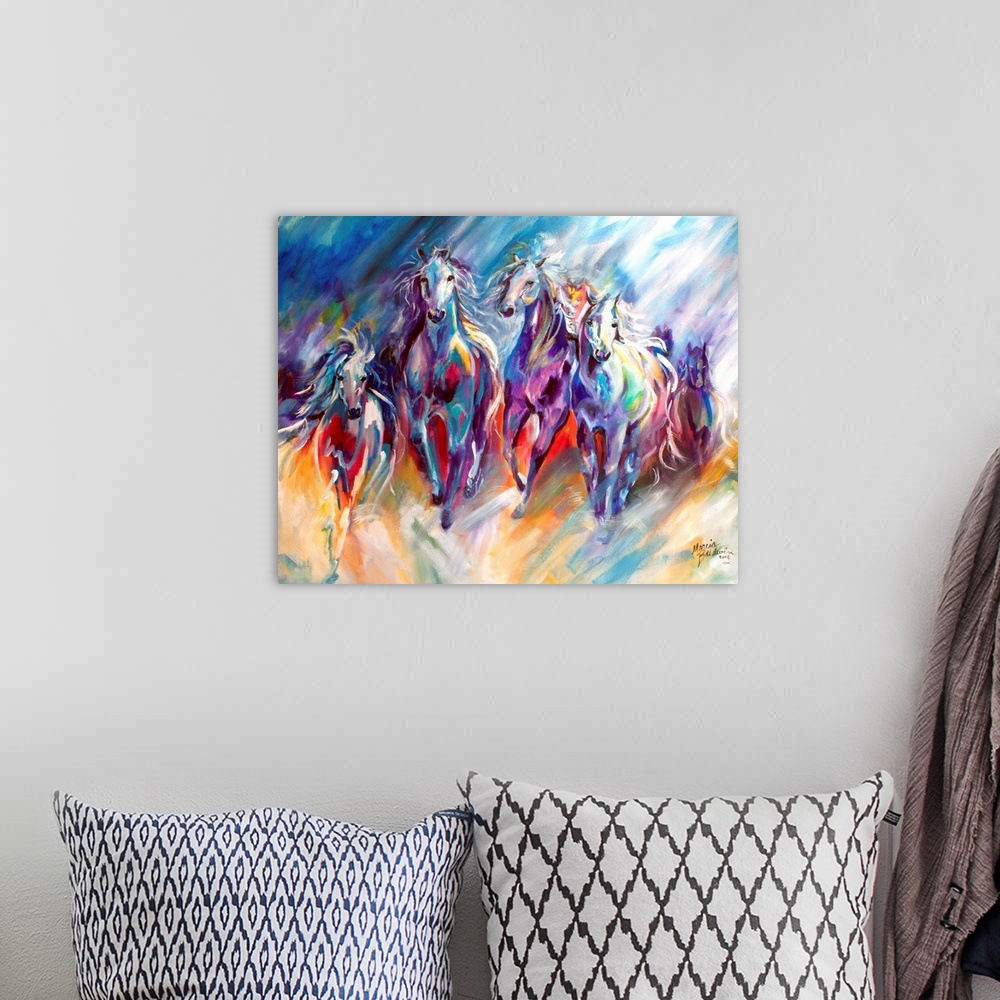 A bohemian room featuring A colorful abstract painting with a herd of horses in full gallop.