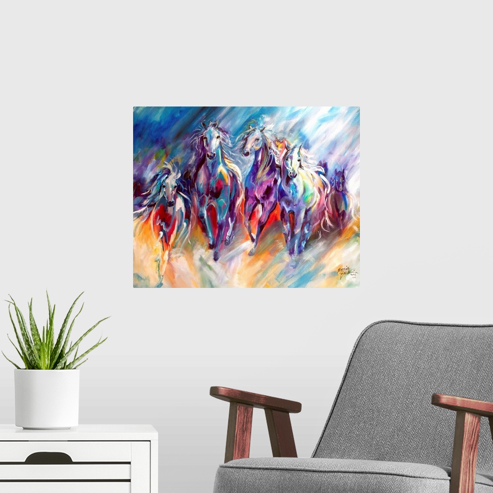 A modern room featuring A colorful abstract painting with a herd of horses in full gallop.
