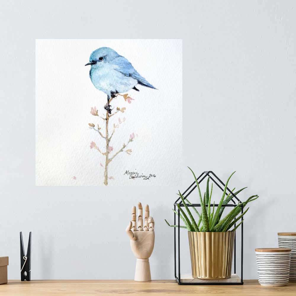 A bohemian room featuring Watercolor painting of a bluebird perched on a branch with small pink flowers.