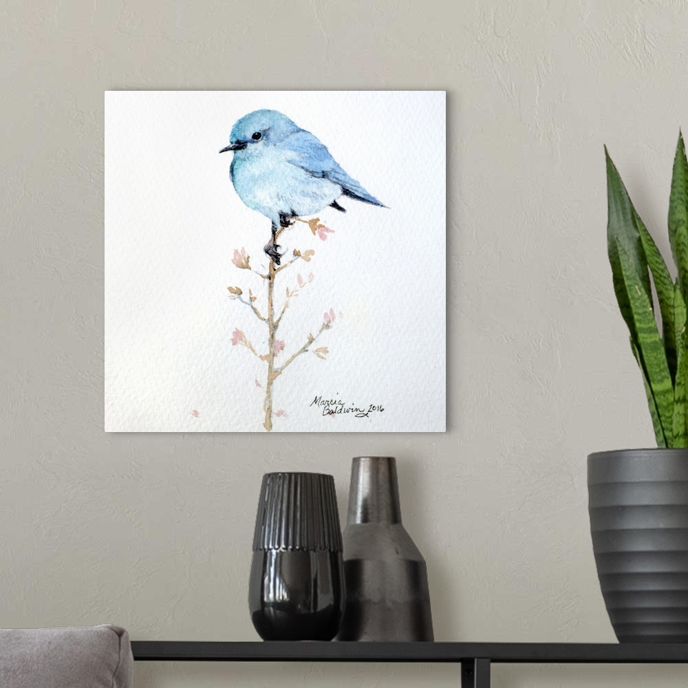 A modern room featuring Watercolor painting of a bluebird perched on a branch with small pink flowers.