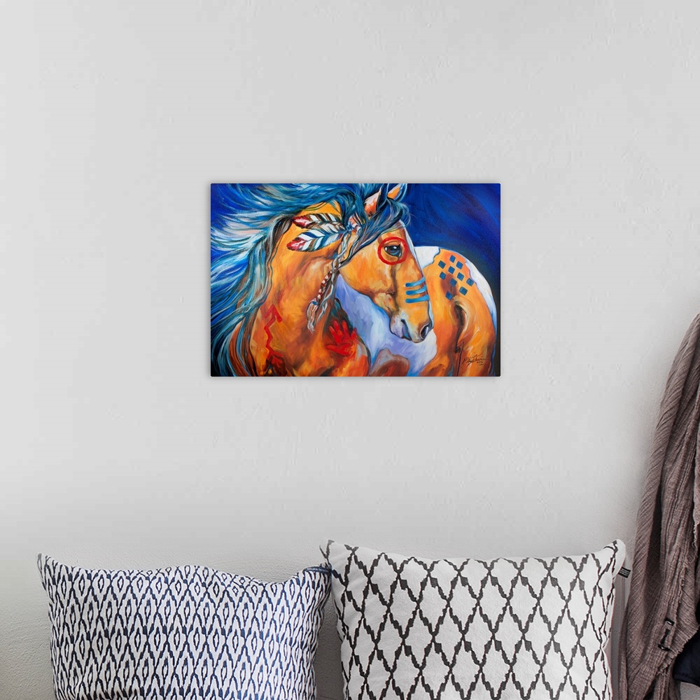 A bohemian room featuring Contemporary painting of an Indian War Horse with red and blue body paint and feathers in its man...