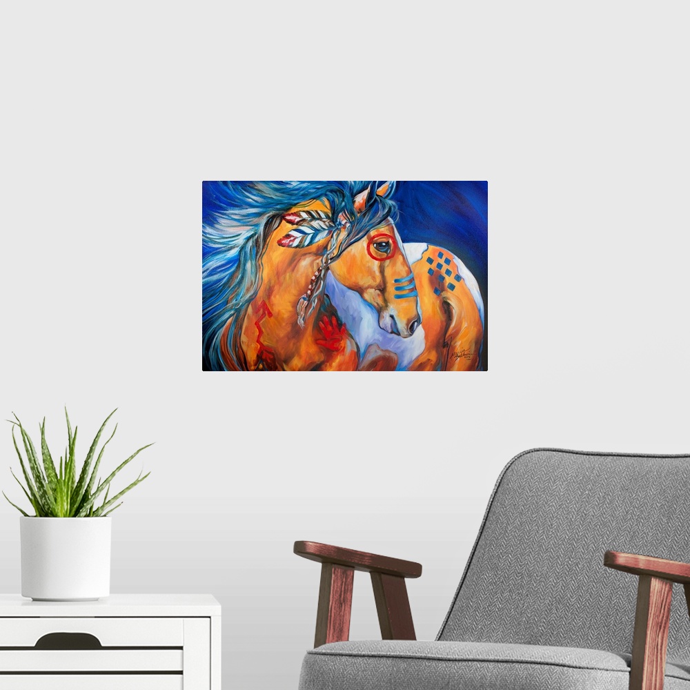 A modern room featuring Contemporary painting of an Indian War Horse with red and blue body paint and feathers in its man...
