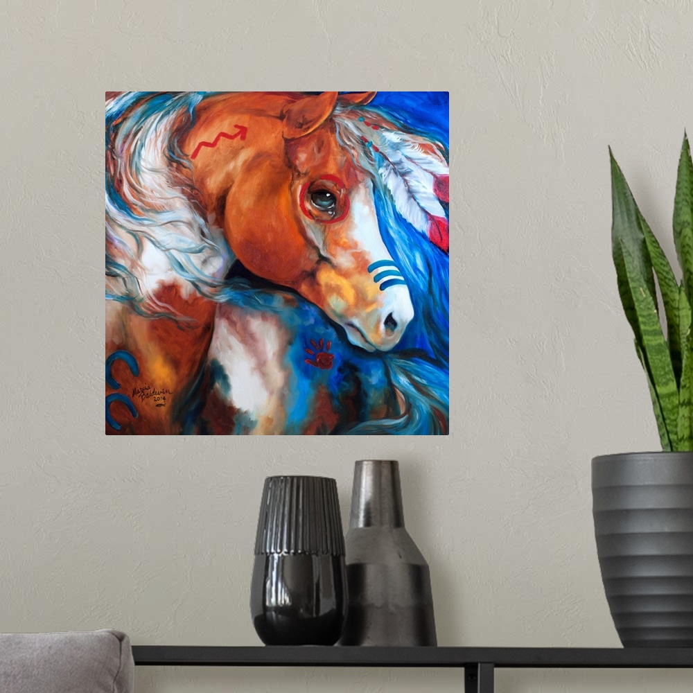 A modern room featuring Square painting of a war horse dressed in war paint and feathers on a blue background.