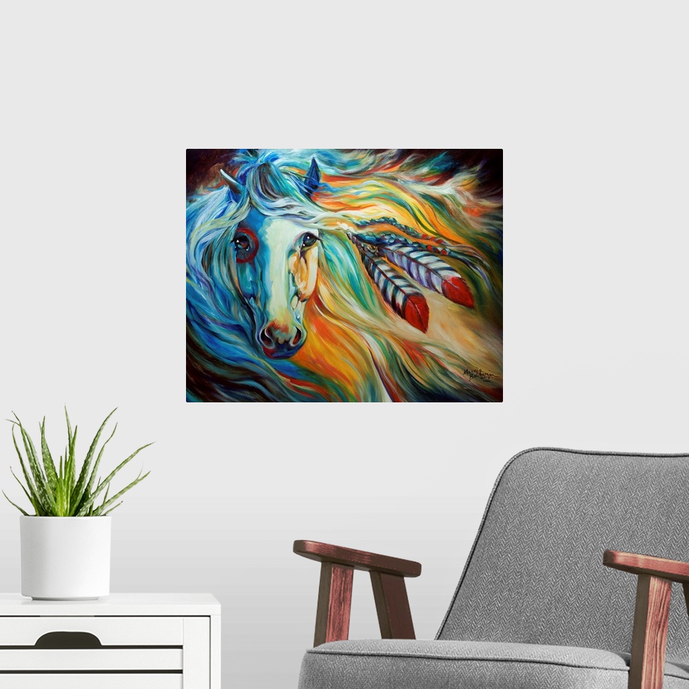 A modern room featuring Beautiful contemporary painting of an Indian War Horse painting with war paint on its face and fe...