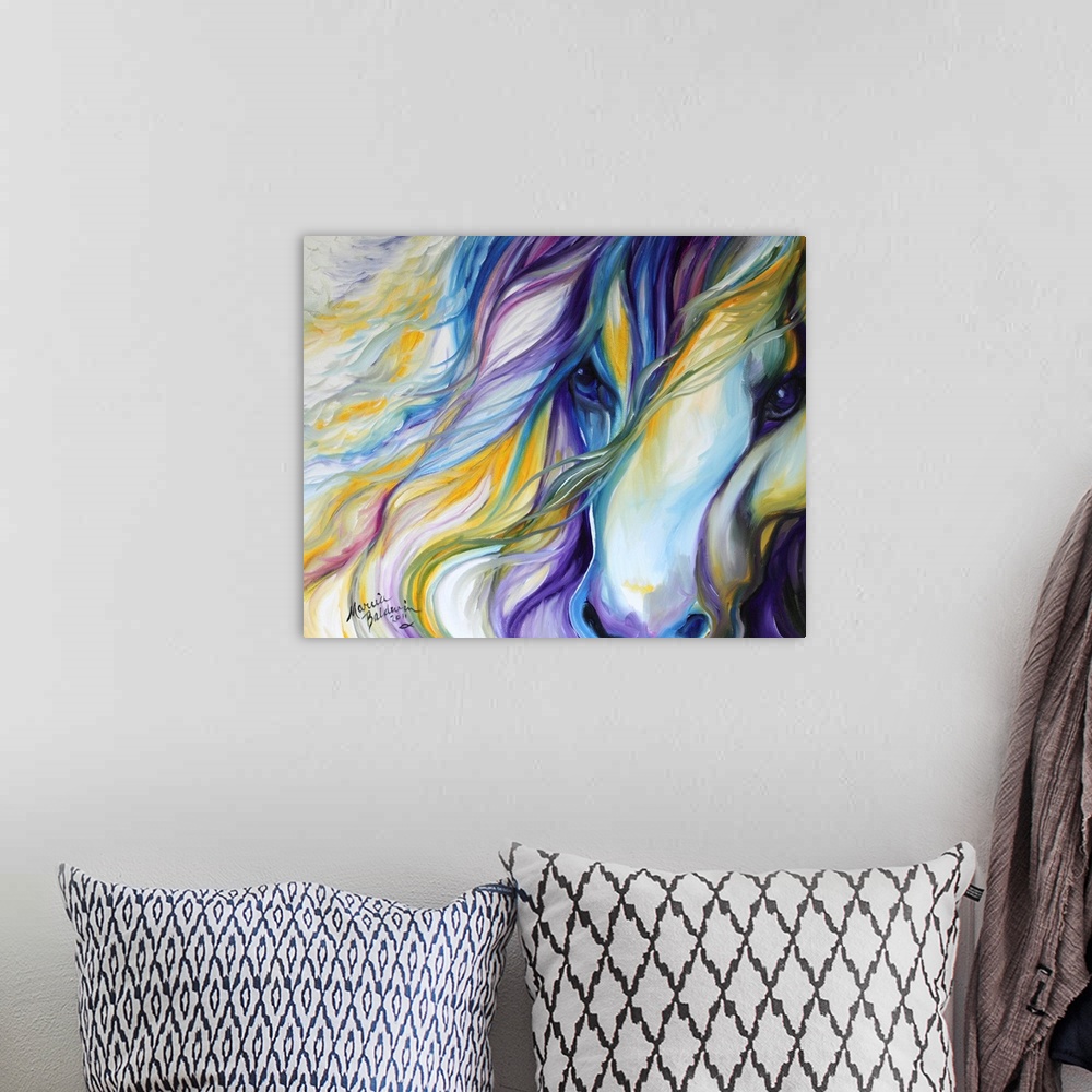 A bohemian room featuring Purple, yellow, blue, and white abstract painting of a horse close-up.